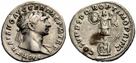 KAISERZEIT. Trajanus, 98-117. Denar, 107-108. Büste mit L. n.r., l. Schulter drap. Rv. COS V PP SPQR OPTIMP PRINC Dakisches Tropaeum; l. runder Schild...