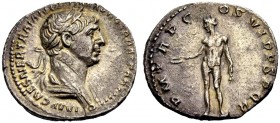 KAISERZEIT. Trajanus, 98-117. Denar, 116 Büste in Paludament mit L. n. r. von der Seite gesehen. Rv. P M TRP COS VI PP SPQR Genius/Bonus Eventus n.l. ...