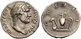 KAISERZEIT. Hadrianus, 117-138. Denar, 125-128 Büste n. r. mit L., Drapierung auf der l. Schulter. Rv. COS III Opfergeräte: Simpulum, Aspergillum, Kru...