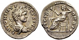 KAISERZEIT. Caracalla, 198-217. Denar, ca. 199-200 Drap., gep. jugendl. Büste mit L. n. r. Rv. SECVRIT- ORBIS Securitas n.l. thronend, ihren Kopf in d...