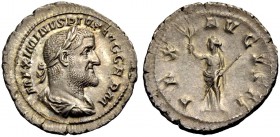 KAISERZEIT. Maximinus I. Thrax, 235-238. Denar, um 238. Drap., gep. Büste mit L. n. r. Rv. PAX AVGVSTI Pax n.l. stehend, Zweig in der Rechten, Zepter ...