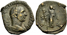 KAISERZEIT. Traianus Decius, 249-251. Sesterz. Gep. Büste mit L. n.r., vom Rücken gesehen. Rv. DACIA / S - C Dacia frontal stehend, Kopf n.l., in der ...