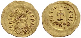 Heraclius, 610-641. Tremissis, 610-613 Konstantinopel. Drap., gep. Büste n.r. mit Diadem. Rv. VICTORIA AVGY. Krückenkreuz, darunter CONOB. 1,45 g. Sea...