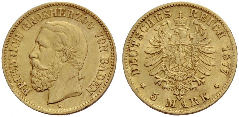 BADEN, GROSSHERZOGTUM. FRIEDRICH I., 1852-1907. 5 Mark 1877 G, Gold. J. 185.
Seh...