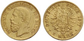 BADEN, GROSSHERZOGTUM. FRIEDRICH I., 1852-1907. 5 Mark 1877 G, Gold. J. 185.
Sehr schön
