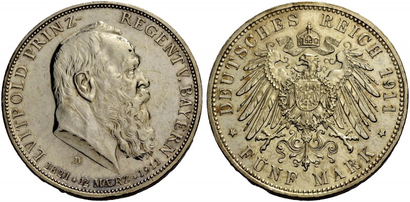BAYERN, KÖNIGREICH. PRINZREGENT LUITPOLD. 5 Mark 1911. J. 50. Von frischen Stemp...