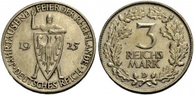 WEIMARER REPUBLIK. 3 Reichsmark 1925 D, Jahrtausendfeier der Rheinlande. J. 321.
Vorzüglich