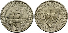 WEIMARER REPUBLIK. 3 Reichsmark 1927 A, 100 Jahre Bremerhaven. J. 325.
Vorzüglich-Stempelglanz