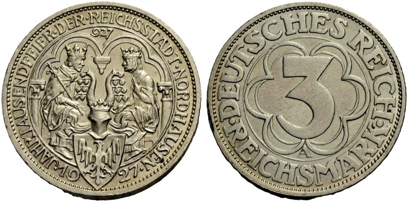 WEIMARER REPUBLIK. 3 Reichsmark 1927 A, 1000 Jahre Nordhausen. J. 327.
Vorzüglic...