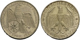 WEIMARER REPUBLIK. 3 Reichsmark 1929 A zur Vereinigung Waldecks mit Preußen. J. 337. 100,0 g.
Vorzüglich-Stempelglanz