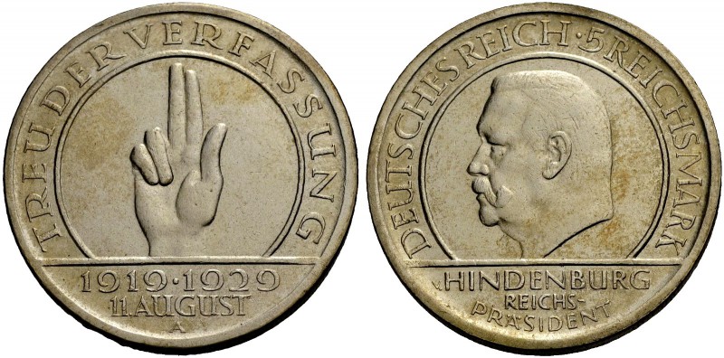 WEIMARER REPUBLIK. 5 Reichsmark 1929 A auf 10 Jahre Verfassung von Weimar. J. 34...