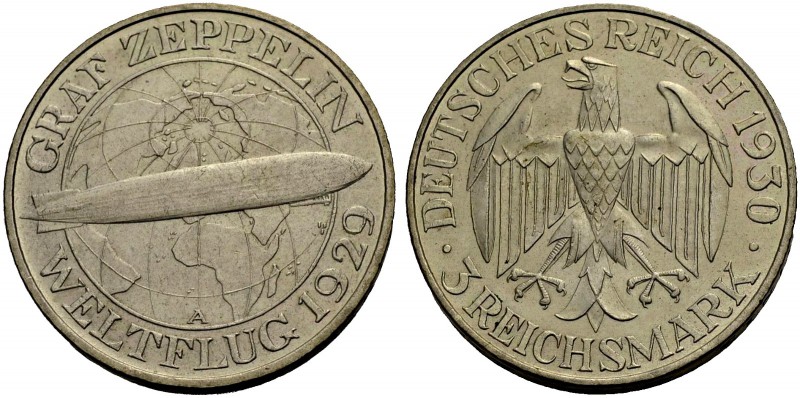 WEIMARER REPUBLIK. 3 Reichsmark 1930 A auf den Weltflug des Luftschiffs "Graf Ze...