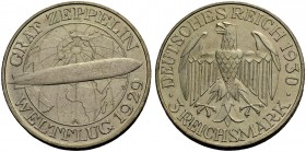 WEIMARER REPUBLIK. 3 Reichsmark 1930 A auf den Weltflug des Luftschiffs "Graf Zeppelin". J. 342.
Vorzüglich-Stempelglanz