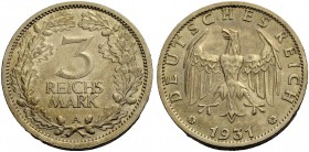WEIMARER REPUBLIK. 3 Reichsmark 1931 A Kursmünze. J. 349.
Vorzüglich