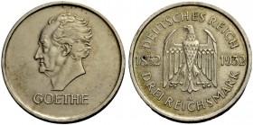 WEIMARER REPUBLIK. 3 Reichsmark 1932 A zum 100. Todestag Goethes. J. 350.
Fast vorzüglich