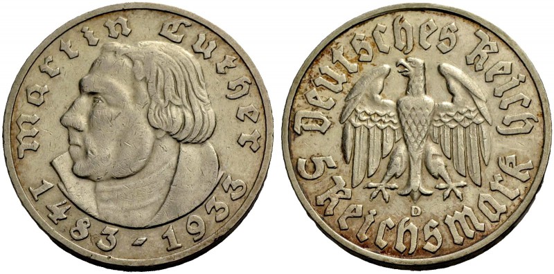DRITTES REICH. 5 Reichsmark 1933 D zum 450. Geburtstag Martin Luthers. J. 353.
S...