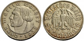 DRITTES REICH. 5 Reichsmark 1933 D zum 450. Geburtstag Martin Luthers. J. 353.
Sehr schön