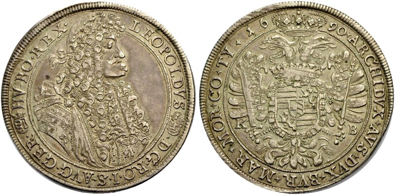 LEOPOLD I., 1657-1705. Taler 1690 KB, Kremnitz. Belorbeertes Brustbild r. Rv. Ge...