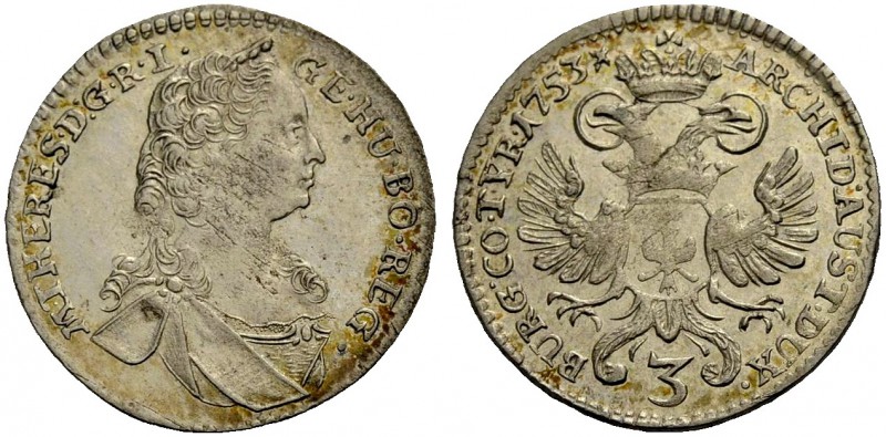 MARIA THERESIA, 1740-1780. 3 Kreuzer 1753, Hall. Brustbild r. Rv. Gekrönter Dopp...