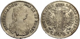 MARIA THERESIA, 1740-1780. Halbtaler 1759, Hall. Brustbild r. Rv. Gekrönter Doppeladler. Eyp. 88, Her. 653.
Sehr schön