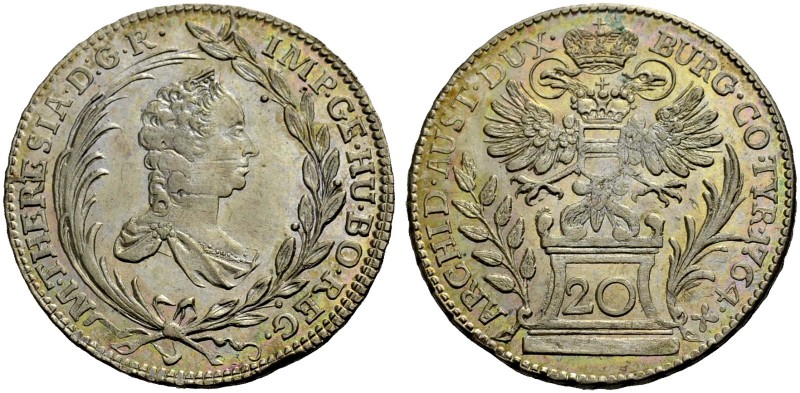MARIA THERESIA, 1740-1780. 20 Kreuzer 1764, Wien. Büste r. zwischen Palm- und Lo...