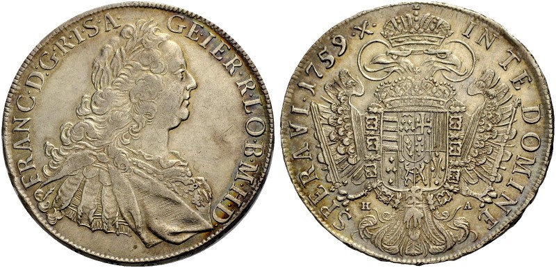 FRANZ I., 1745-1765. Konventionstaler 1759 H-A, Hall. Belorbeertes Brustbild r. ...