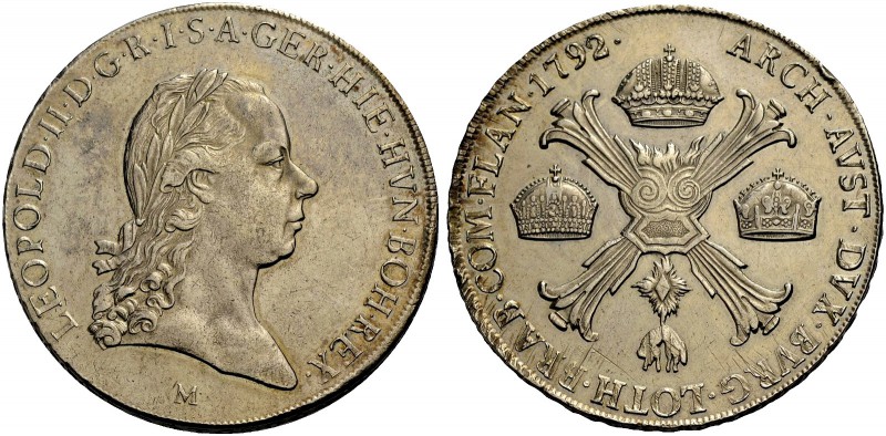 LEOPOLD II., 1790-1792. Kronentaler 1792 M, Mailand. Belorbeerte Büste r. Rv. Bu...