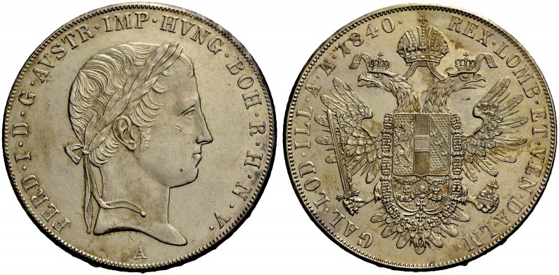FERDINAND I., 1835-1848. Taler 1840 A, Wien. Belorbeerter Kopf r. Rv. Gekrönter ...