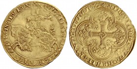 FRANKREICH, SAMMLUNG TOURNOSEN. JEAN II LE BON, 1350-1364. Franc à cheval (1360). Der König zu Pferde l. Rv. Blumenkreuz im Vierpass. 3,82 g. Du. 294,...