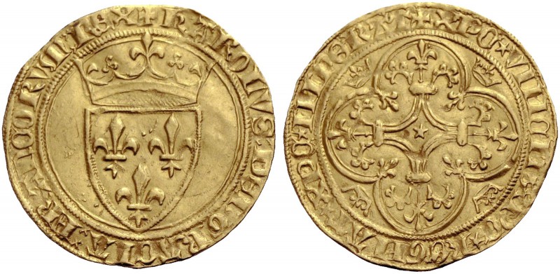 FRANKREICH, SAMMLUNG TOURNOSEN. CHARLES VI LE FOL, 1380-1422. Ecu d'or à la cour...