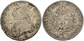 FRANKREICH, SAMMLUNG TOURNOSEN. LOUIS XVI, 1774-1793. Ecu aux lauriers 1774 A, Paris. Brustbild l. Rv. Gekrönter ovaler Lilienschild zwischen Lorbeerz...