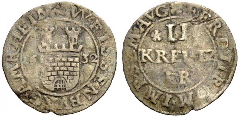 FRANKREICH. WEISSENBURG. 2 Kreuzer 1632. Stadtwappen. Rv. Wert. EL 38, Slg. Volt...