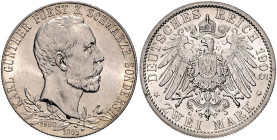 Schwarzburg/-Sondershausen. Karl Günther 1880-1909. 2 Mark 1905,  Regierungsjubiläum, schmaler Randstab. Jaeger&nbsp;169a. .