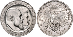 Württemberg. Wilhelm II. 1891-1918. 3 Mark 1911,  Silberhochzeit. Jaeger&nbsp;177a. .