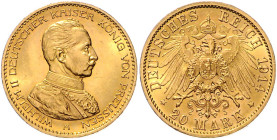 Preussen. Wilhelm II. 1888-1918. 20 Mark 1914 A, Kürassieruniform. Jaeger&nbsp;253. .