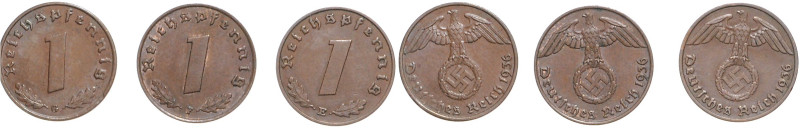 1 Reichspfennig 1936 E, F u. G, Jaeger 361. zus. 3 St.. 

alle ss-vz