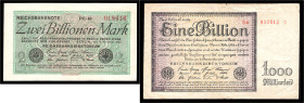 Ausgaben der Kriegs- u. Inflationszeit. Eine Billion Mark und 2 Billionen Mark v. 5.11.1923, beide Firmendruck. Grab.&nbsp;DEU-&nbsp;162c&nbsp;u.&nbsp...