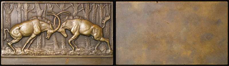 France. Mauruce Thenot Æ Plaque "Ibex". 1936. Scene of 2 Male Ibex rutting in th...