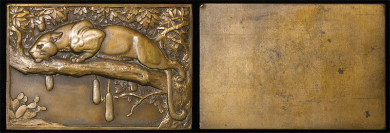 France. Mauruce Thenot Æ Plaque "Leopard". 1936. Scene of Leopard lay on a branc...