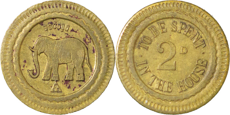 France. Brass 2d. Token. 1899-1902. DEPOSE above elephant facing left, triangle ...