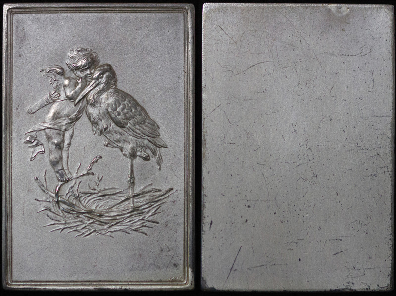 Germany. J Christoph Lauer Æ Plaque. 1817-1873. Cherub & Stork in nest, signed L...