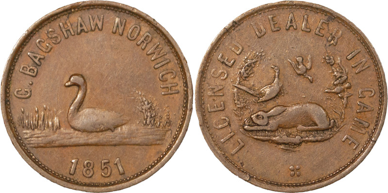 Great Britain, Norwich. G.Bagshaw CU Farthing token. 1851. G.BAGSHAW NORWICH, da...