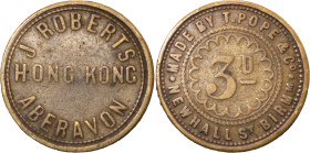 Wales, Aberavon. J. Roberts Brass 3d. Pub Token Hong Kong Inn. 1880-1920.