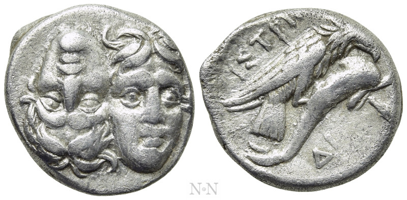 MOESIA. Istros. Drachm (4th century BC). 

Obv: Facing male heads, the left in...