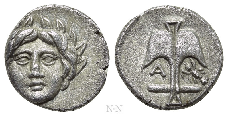 THRACE. Apollonia Pontika. Diobol (Circa 375-335 BC). 

Obv: Facing laureate h...