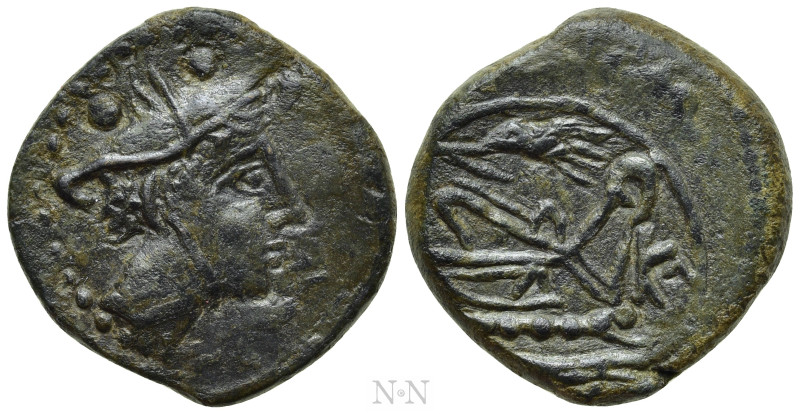 ANONYMOUS. Sextans (211-208 BC). Uncertain mint in Sicily. Corn-ear and KA serie...