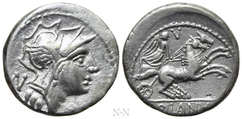 D. SILANUS L.F. Denarius (91 BC). Rome. 

Obv: Helmeted head of Roma right; V ...