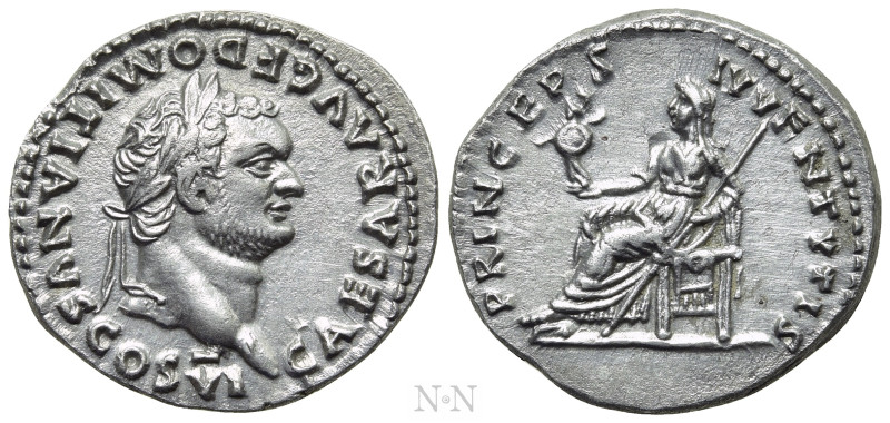 DOMITIAN (Caesar, 69-81). Denarius. Rome. 

Obv: CAESAR AVG F DOMITIANVS COS V...