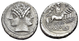 Anonymous, c. 225-214 BC. AR Didrachm (21mm, 6.67g, 11h). Rome. Laureate head of Janus. R/ROMA (in relief within linear frame) Jupiter, hurling thunde...