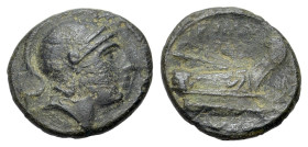 Anonymous, Quartuncia, Rome, 217-215 BC; Æ (15mm, 2.14g, 11h). Helmeted head of Roma r., R/ Prow r.; above, ROMA. Crawford 38/8; Sydenham 88.